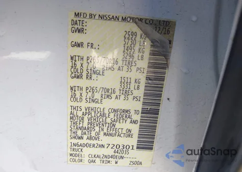 2017 Nissan Frontier Sv z USA, uszkodzony, nr VIN 1N6AD0ER2HN720301